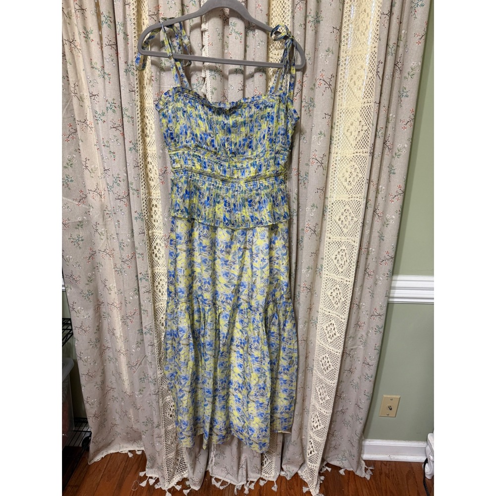 NWT ASTR The Label Ethelind Floral Pleated Maxi Dress Blue Yellow M